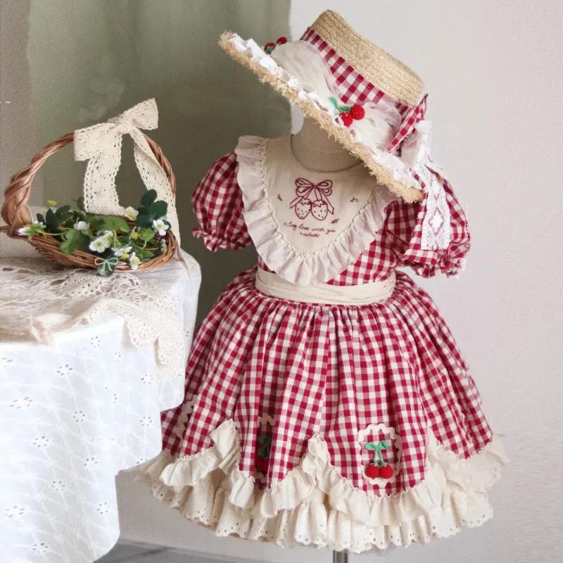 1-12 Years Gingham Countryside Style Midi Dress, Puff Short Sleeve Ruffled Tiered Dress with Strawberry Embroidery & Waist Bow, Vintage Cottagecore Occasion Ensemble