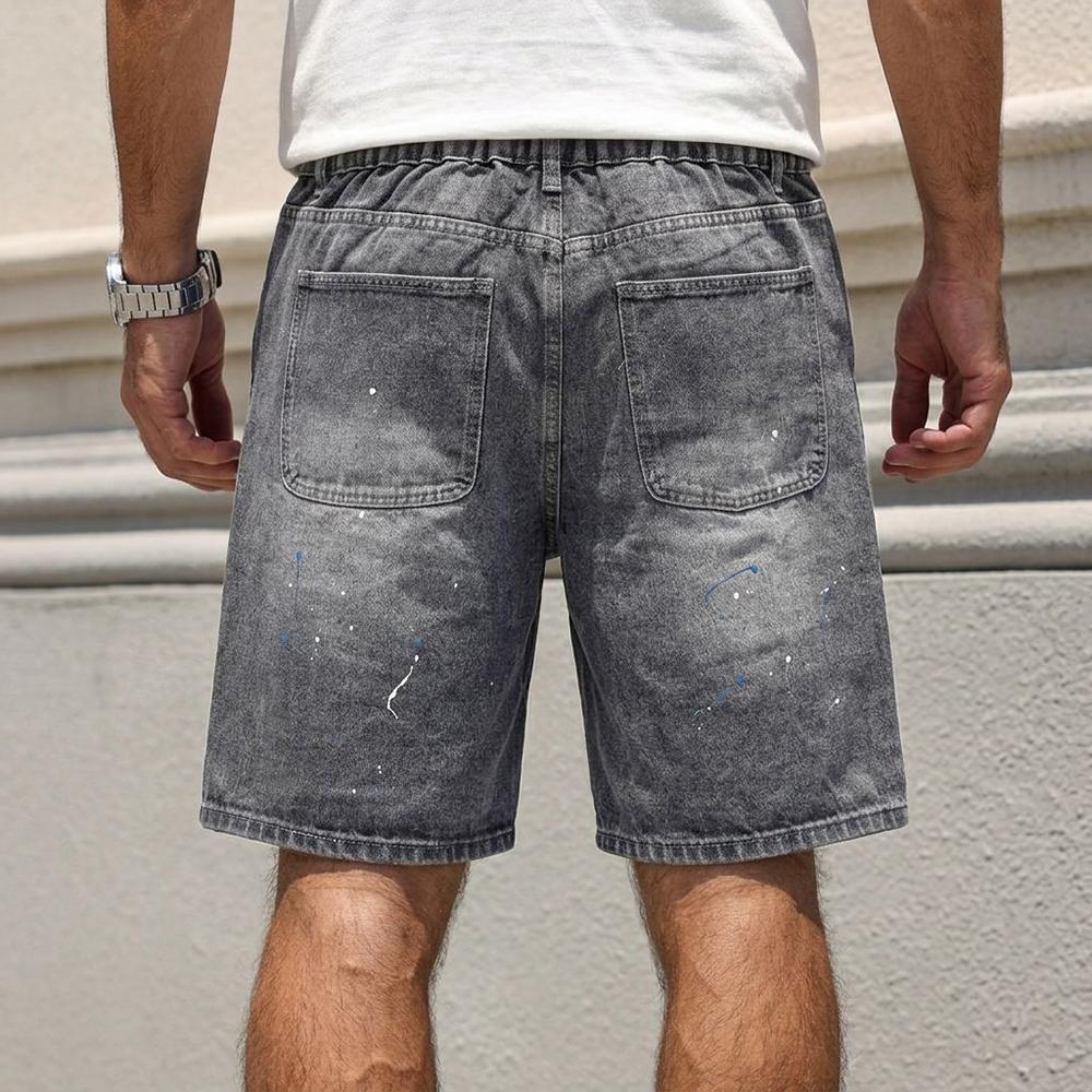 Men's Baggy Distressed Denim Shorts Paint Splatter Elastic Waist Mid Length Non-Stretch Casual Streetwear Jorts