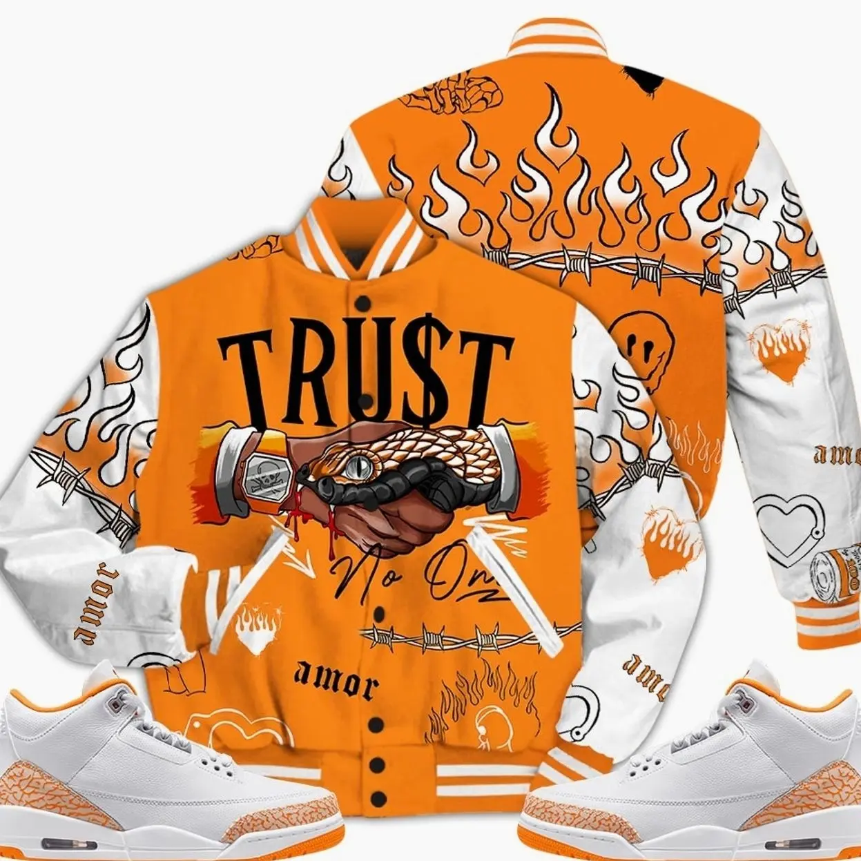 3 White Orange Peel Varsity Jacket, Orange Citrus 3s Outfit Trust No One Graphic Streetwear Sneaker Color Match Shirts