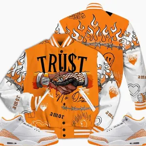 3 White Orange Peel Varsity Jacket, Orange Citrus 3s Outfit Trust No One Graphic Streetwear Sneaker Color Match Shirts