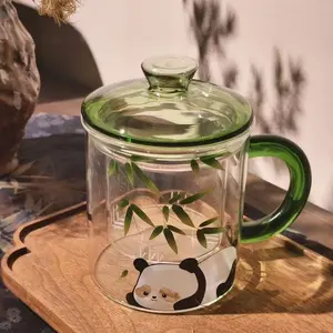 A107. High Borosilicate Glass Panda Tea Cup with Strainer Lid, Heat Resistant, Portable Floral Tea Brewing Mug for Everyday Use
