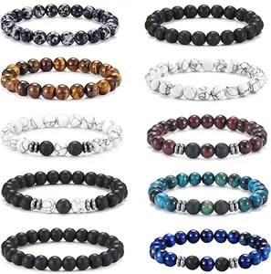 10 Pcs Tiger Eye Bracelet For Men 8MM Natural Stone Beads Bracelet Set Stretch Lava Rock Bracelets Adjustable Black Crystal Beaded Bracelet for Men Women Gifts Trendy Teen Girls Bracelets Set