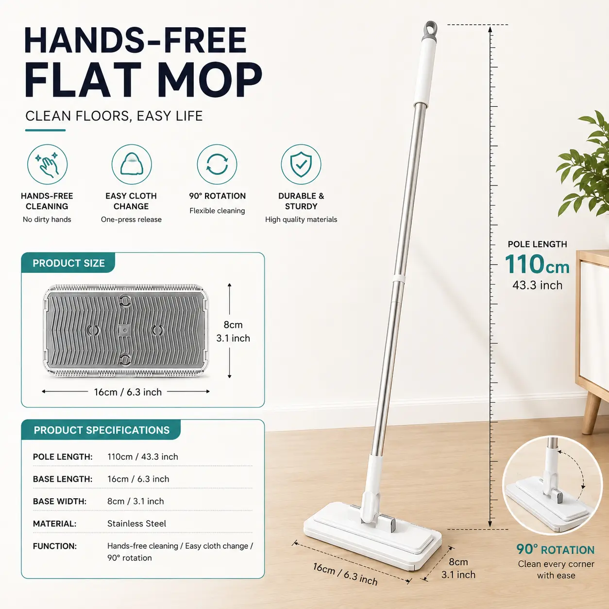 360° Rotatable Hands-Free Lazy Mop with 1-Touch Wipe Clamp & Wet Dry Dual Use | 1-Button Hygienic No-Touch Disposal for Small Gaps, Baseboards, Glass Doors, Walls & Ceilings | CleanTok Must-Have Home Cleaning Hack