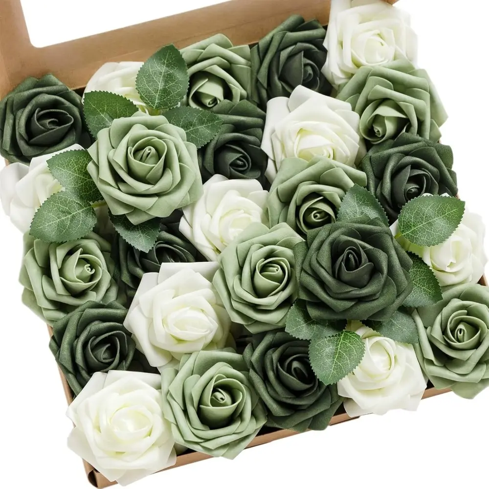 25pcs Sage Green & Emerald Green Foam Fake Roses | Plastic Roses with Stems for Wedding Bouquets, Bridal Shower Centerpieces, Floral Arrangements, Party Table Decorations