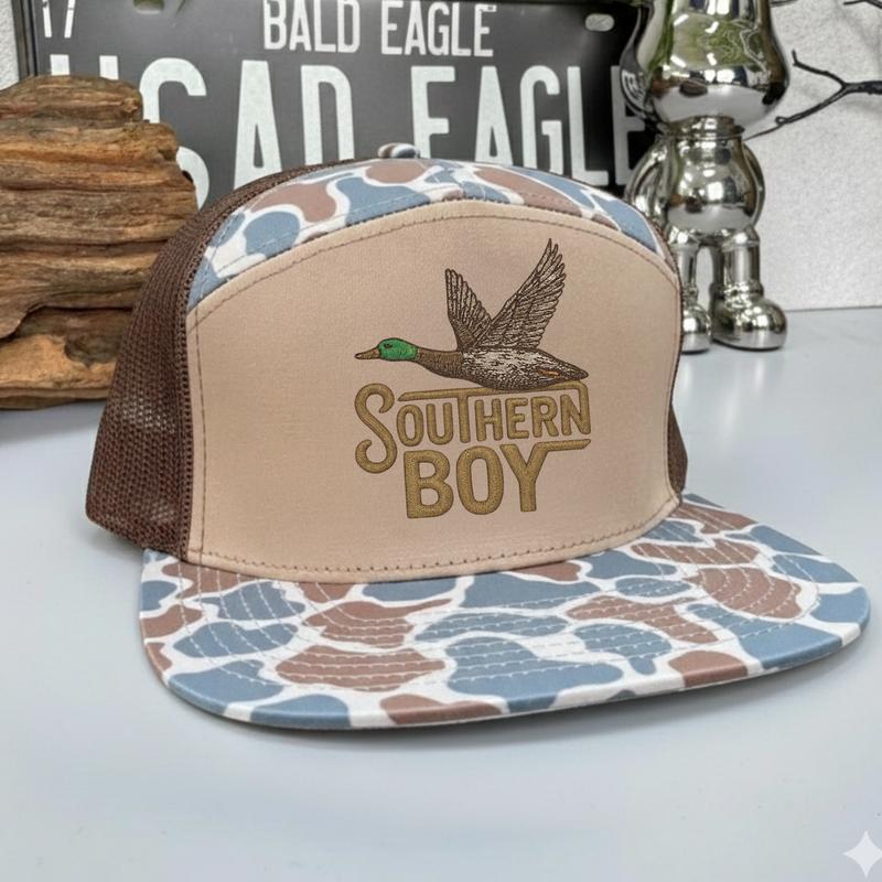 Southern Boy Duck Hat Flying Mallard Embroidered Trucker Cap Camo Brim Snapback Hat for Men Outdoor Southern Style Hunting Hat