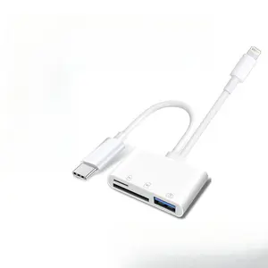 Five-in-one SD card reader for iPhone, iPad, USB-C devices, Lightning/USB-C dual-port adapter, supports SD/MicroSD and USB 3.0, fast transfer, plug and play, no app required