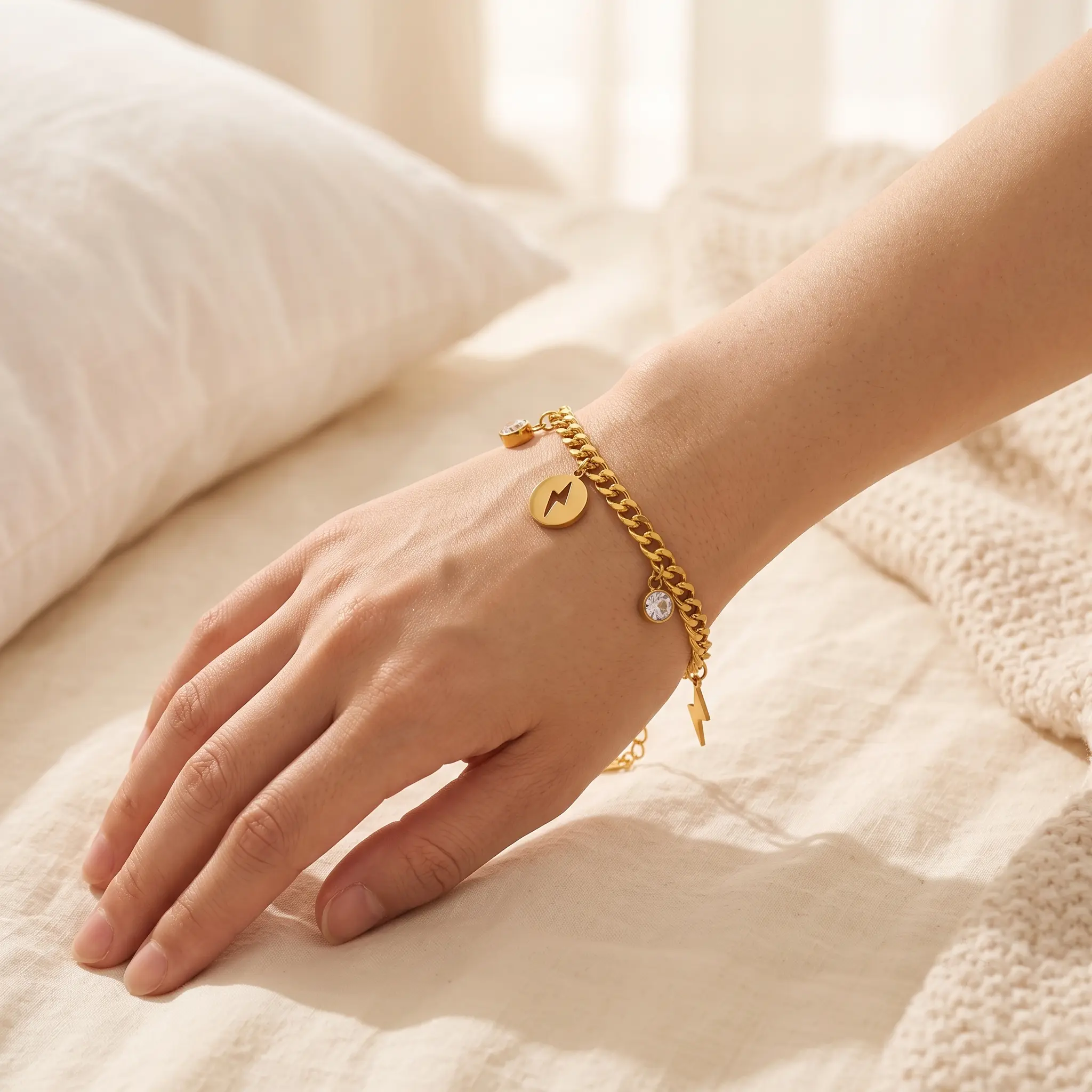 Minimalist Jewelry Gift for Her Dainty 18K Gold Plated Lightning Bolt Bracelet Everyday Wear