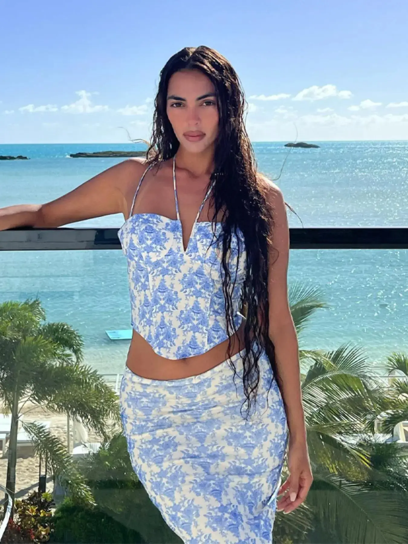 Women All Over Print Skirt Set Elegant Halter Backless Corset Crop Top Ruched Bodycon Skirt Ladies Summer Clothes for Party Dating Beach Vacation Clubwear