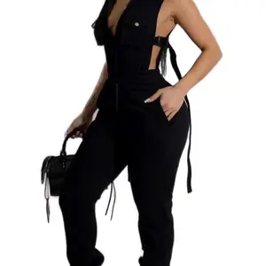 Black Sleeveless Cargo Jumper - Women's Jumpsuit with Front Pocket, Versatile Design for Casual Wear - Jumpsuits, Womenswear denim overalls