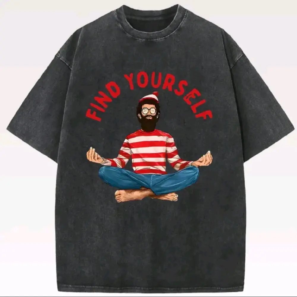 Find Yourself Waldo T-shirt - Black Graphic Tee with Red Text and Character Design #meditation  #whereswaldo #waldo