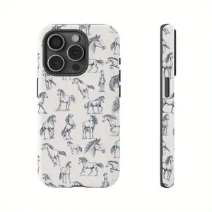 This durable, shock-absorbing, two-in-one phone case features an all-over print of a sketched horse. It's compatible with iPhone 17, 16, 15, 14, 13, 12, 11, X, and Samsung models. A perfect gift for friends or family.