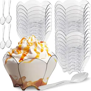 50/100 Pcs Transparent Design Plum Blossom Bowls with Free Small Spoons, Plastic Pudding Cups for Ice Cream, Pudding and Other Desserts, Baking Supplies Ideal for Weddings, Birthdays, Parties and Festivals
