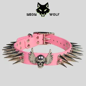 NEON WOLF Pastel Pink Spiked Collar with Skull & Wings Charm – Edgy Punk, Skater, or Pastel Goth Style for Pets or Humans