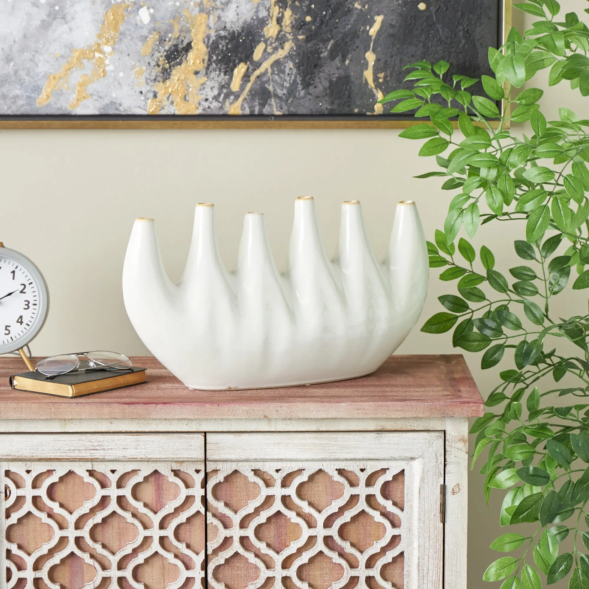 Abstract White Felt-Rubber Rectangle Ceramic Multi-Opening Vase - 5.395 lbs, 17.8l x 6.2w x 9.8h inches, Shine Finish, Minimalist Indoor Decor Centerpiece, Table Flower Arrangement Accessory, Wipe-Clean