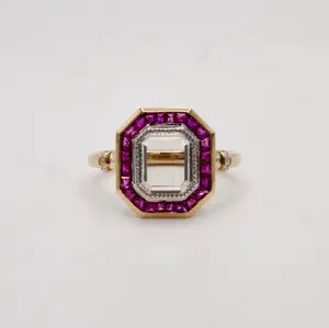 1.5 Carat Portrait Cut Art Deco Ring with Caliber Cut Lab Grown Rubies in 14K Yellow Gold