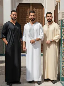 Men’s Moroccan Thobe, Embroidered Muslim Kaftan with Pockets, Half Sleeve Islamic Robe for Daily Wear & Special Occasions Summer Party, wardrobe staple, seasonal essential, trendy style, everyday wear