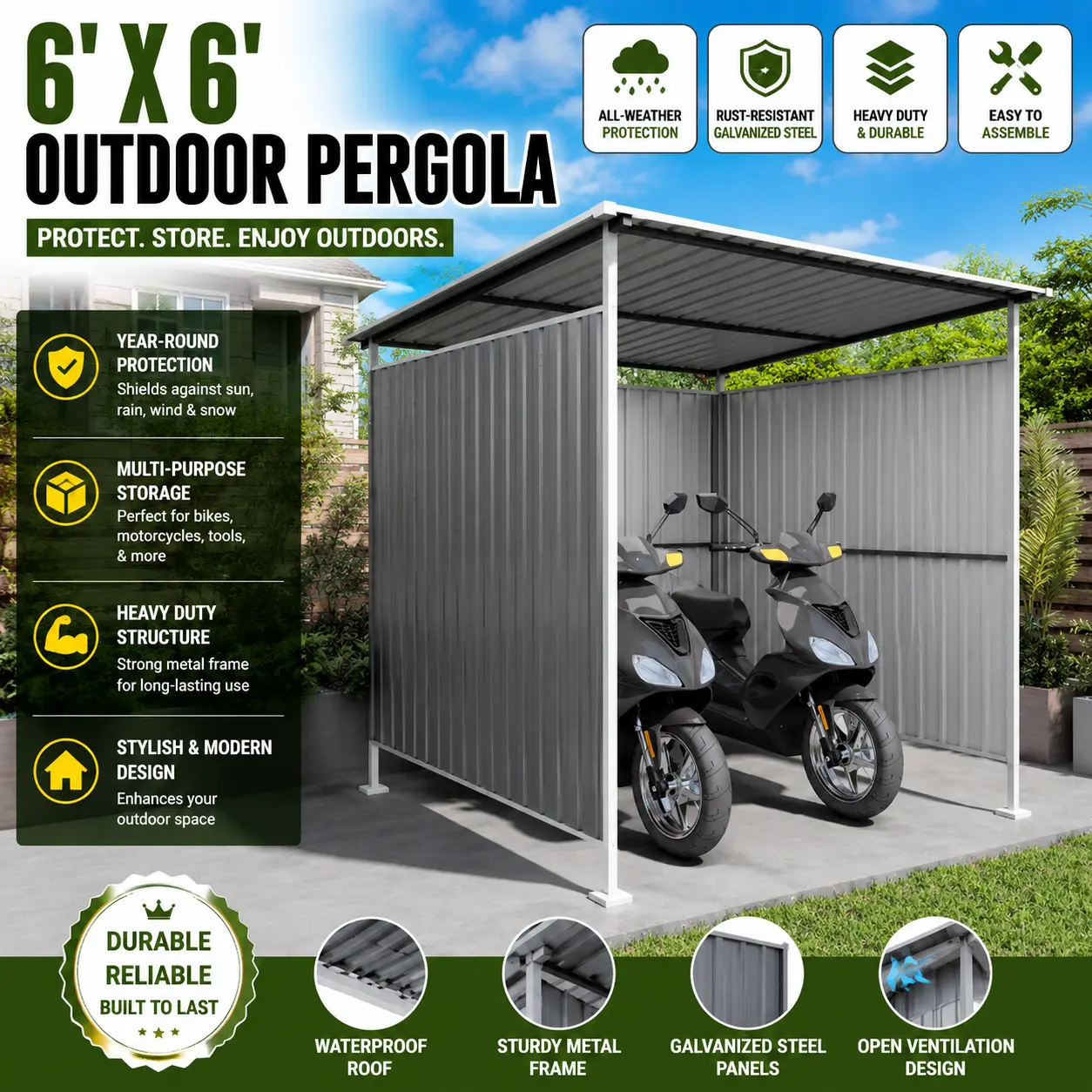 6x6FT Lean To Hardtop Grill Gazebo Heavy Duty Metal Pergola Outdoor Patio Awning Year Round BBQ Shelter Weatherproof Bike Storage Shed Backyard Canopy Deck Sunshade Space Saving Exterior Utility Oasis Makeover