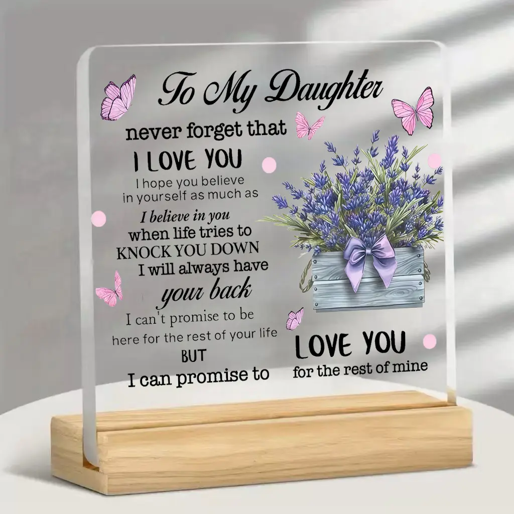 Lavender Acrylic Desk Plaque with Wood Base - Inspirational Mom-to-Daughter Gift for Birthday, Graduation, Home Office Desktop Decor Signs