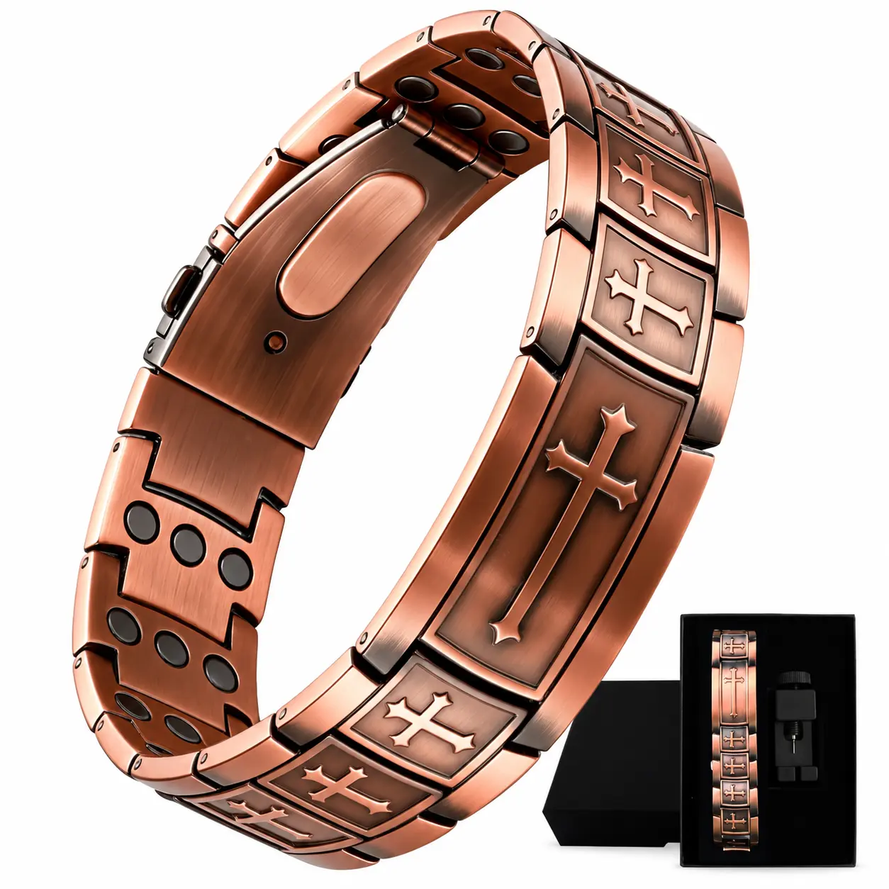 Handmade Copper Bracelet for Men, 99.99% Pure Copper Cross Magnetic Bracelet with 3800 Gauss Magnets, Antique Copper Finish, Adjustable Sizing Tool & Gift Box