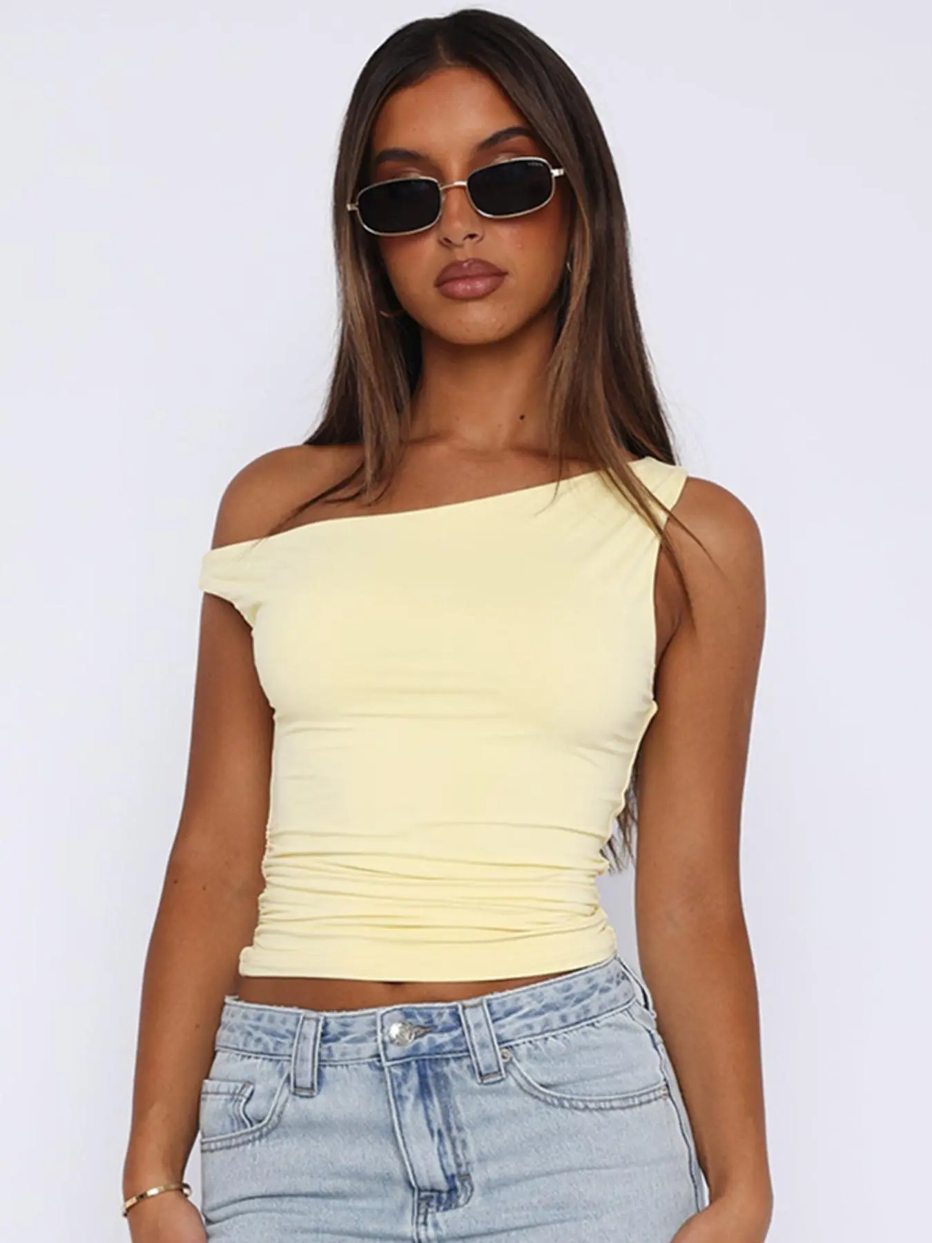 Women's Plain Asymmetrical Neck Ruched Tank Top, Casual Fashion Slim-fitting Top for Summer, Women's Clothing for Daily Wear, Fall&winter Clothing, G