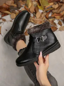 Women's Plush Edge Metal Buckle Boots, Tartan Embossed Design Vintage Eye-Catching, Warm Comfortable Fall Winter Commute Daily Wear