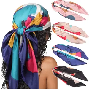 35" Large Square Satin Head Scarf - 4Pcs Silk Accessories Classic Patterned Squares Beach Bandanas for Women