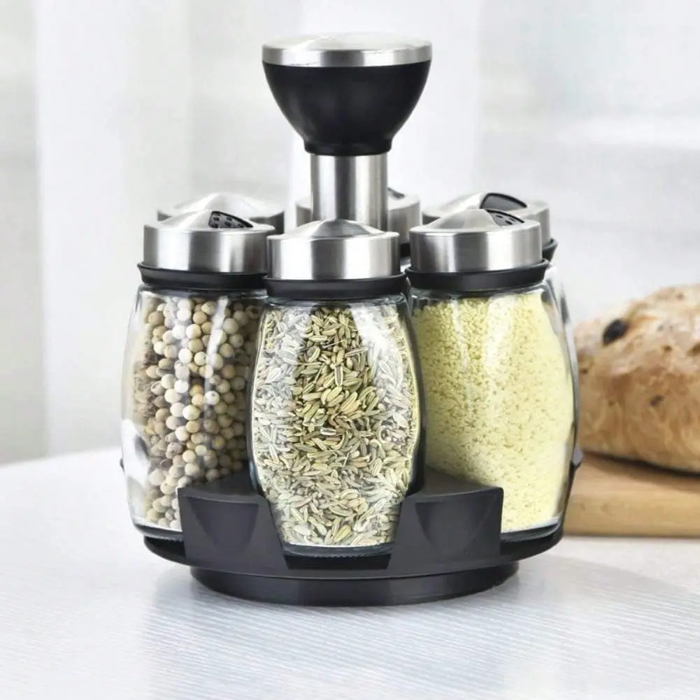 IPKKPI Glam Rotatable 6-Jar Spice Rack Container Organizer, Compartmentalized Kitchen Countertop Glass Jar Holder, Easy to Rinse Clean, Ideal Gift for Chefs (Spices Not Included)