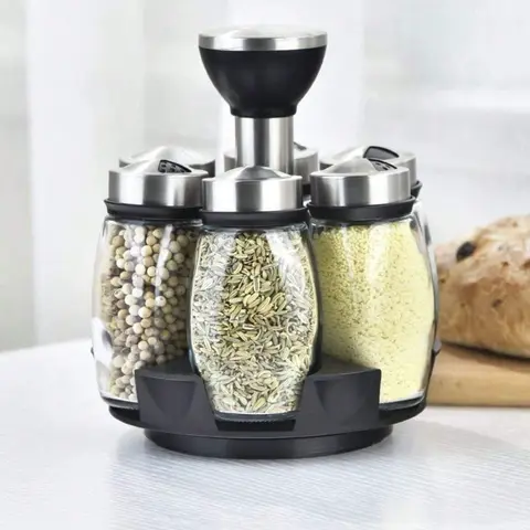 IPKKPI 6-Jar Transparent Glass Spice Rack Set, Grab-and-Go Rotatable Spin Organizer with Compartments, Easy-Rinse Kitchen Countertop Canisters, Ideal for Cooking, Perfect Gift for Chefs (Spices Not Included)