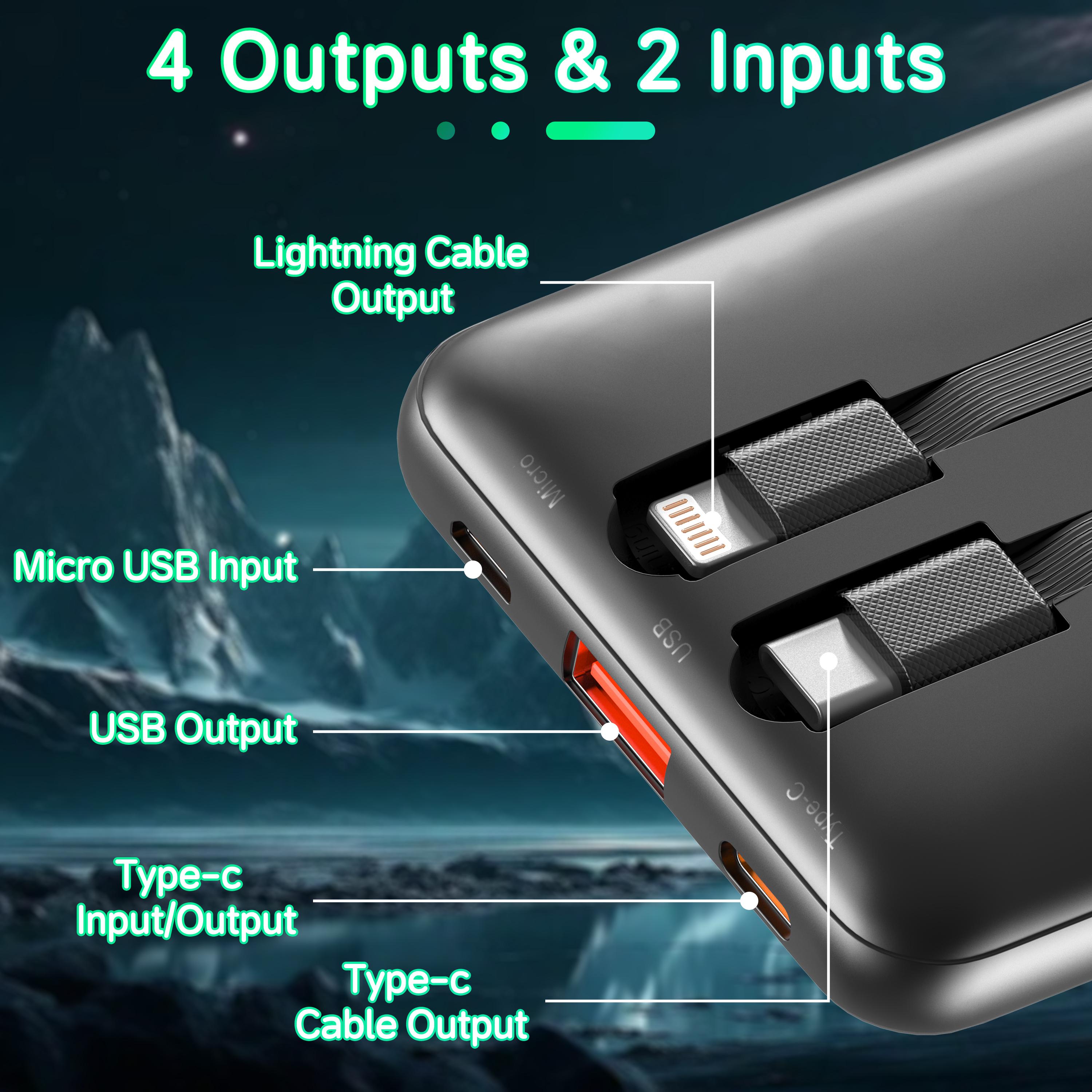 10000mAh Power Bank with Built-in Cords, 22.5W Fast Charging, Slim Travel Battery Pack for iPhone, Android, Samsung, LG, Moto & More