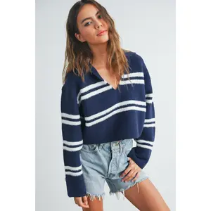 Stripe Cozy Collared Crop Sweater