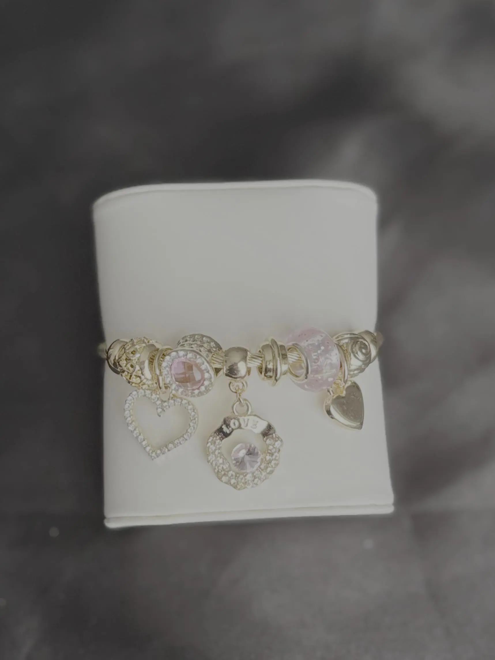 Gold Plated Charm Bracelet 18k Gold Plating with Pink Gems and Heart Charms for Women's Jewelry Ideal for Special Occasions
