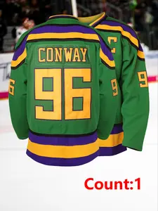 Men's Cartoon Duck & Letter Patched Sports Ice Hockey Jersey, Vintage Loose V Neck Long Sleeve Sports Sweatshirt, Casual Sportswear for Training, Athletic Sports Clothing