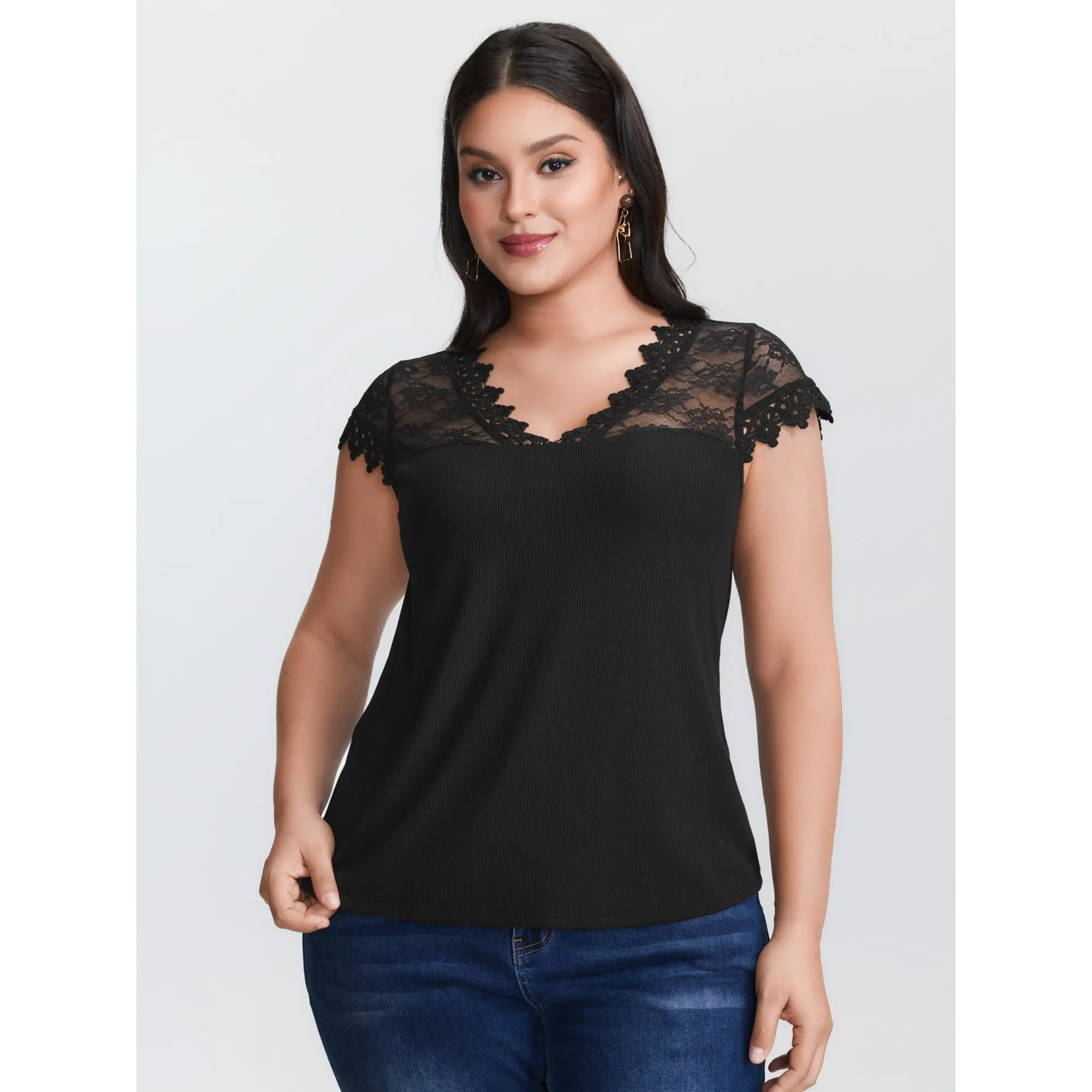 BloomChic Women's Romantic V-Neck Blouse, See-Through Lace Patchwork Cap Sleeve Top in Nylon and Spandex, Garment