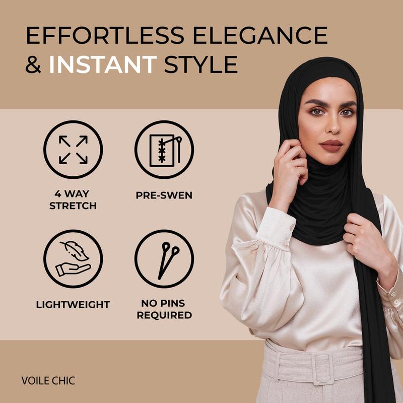 Voile Chic Instant Jersey Hijab – Pre-Sewn Slip-On, 75" x 23.5", Lightweight 95% Viscose 5% Lycra, All-Day Comfort, No Pins