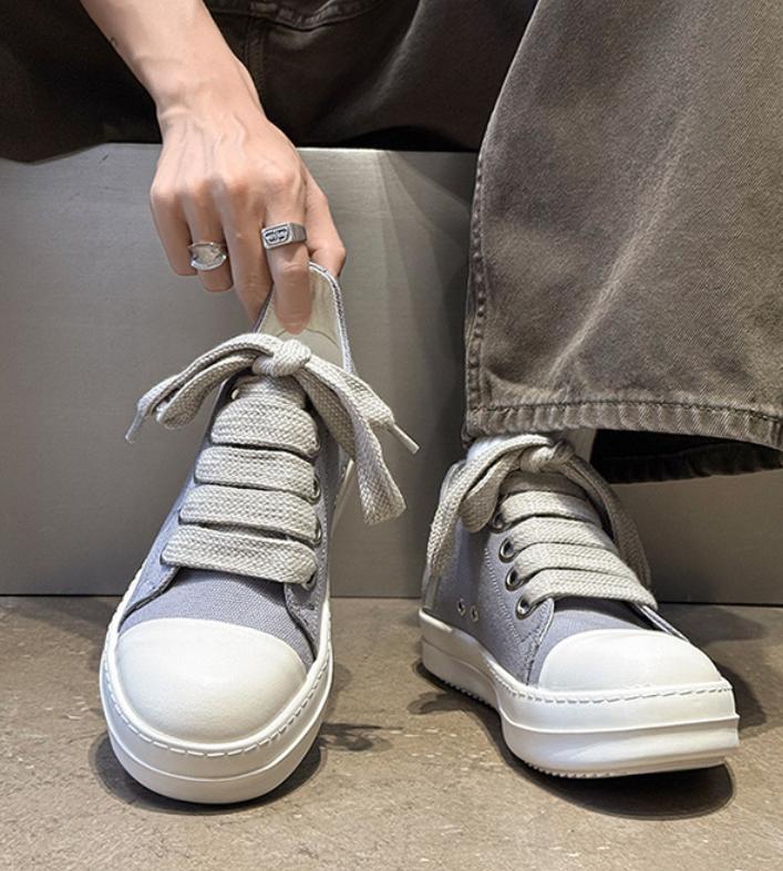 Men's Cleanfit Platform Sneakers Black & White Canvas Wide Laces Slim Leg Street Fashion