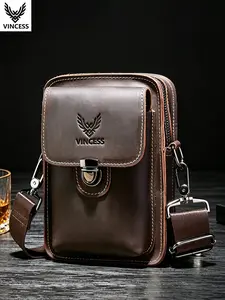 Vincess Men's Leather Phone Bag, Work Waist Pack, Multi-Function Wallet, Adjustable Strap, Spacious Interior, Casual Style