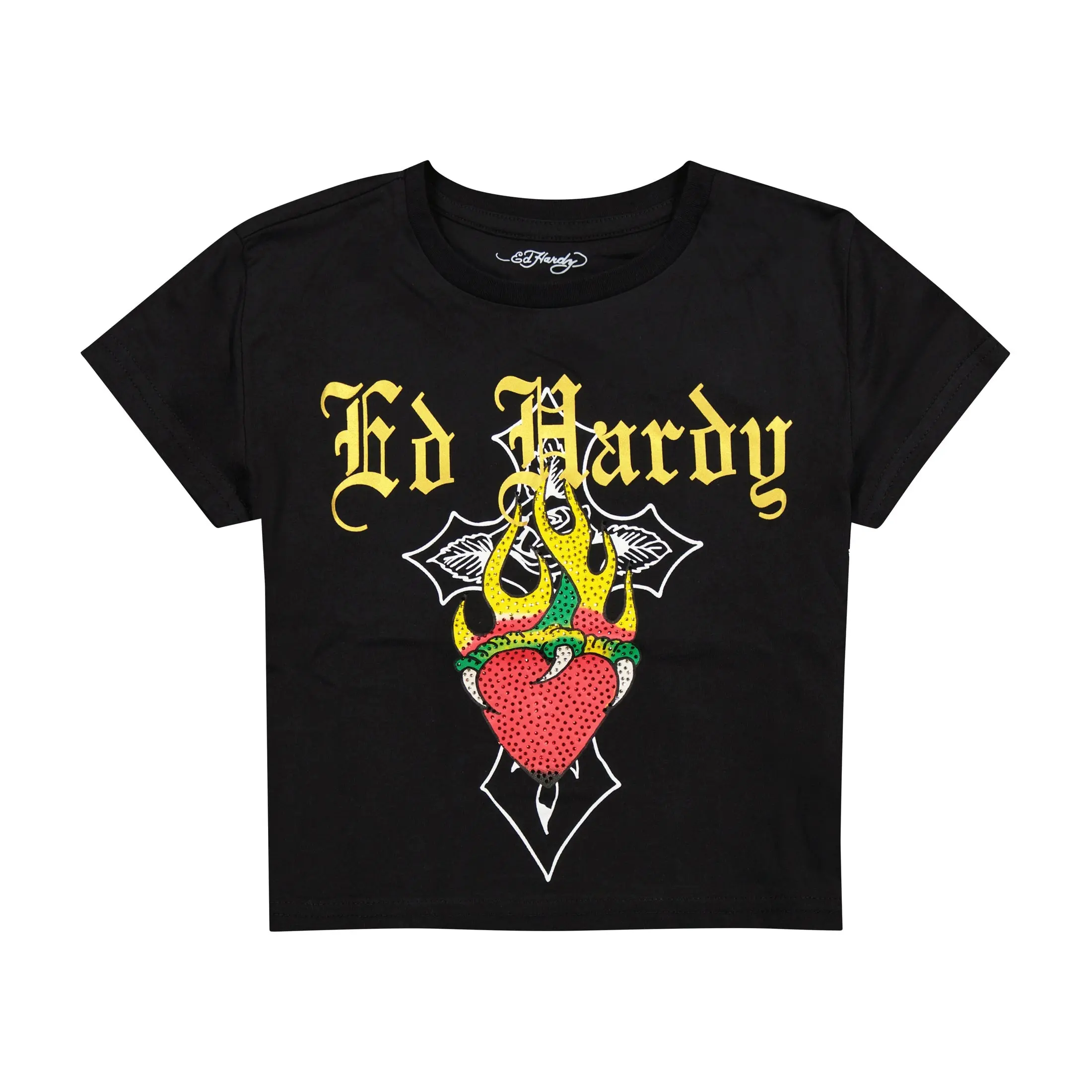 ED HARDY WOMEN HEART FLAME RHINESTONE BABY TEE