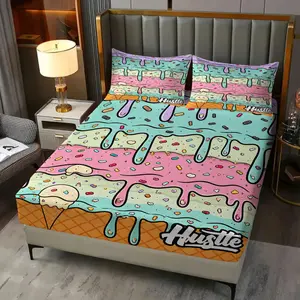 3pcs Cute Ice Cream Drizzle Print Fitted Sheet Set,Whimsical Dessert Bed Sheet Set Bedding Set with Pillowcase,Colorful Sprinkles Waffle Cone Mattress Cover for Boys Children Girly Pink Bed Cover Ultra Soft Room Decor,No Fillers