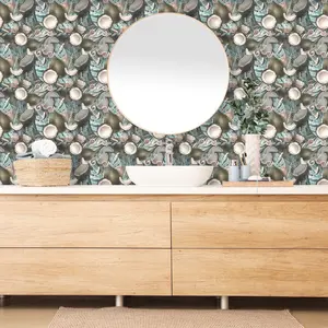 Tropical Turquoise Leaf & Coconut Watercolor Seamless Peel and Stick Wallpaper for Salon, Spa, Hotel and Home Decor