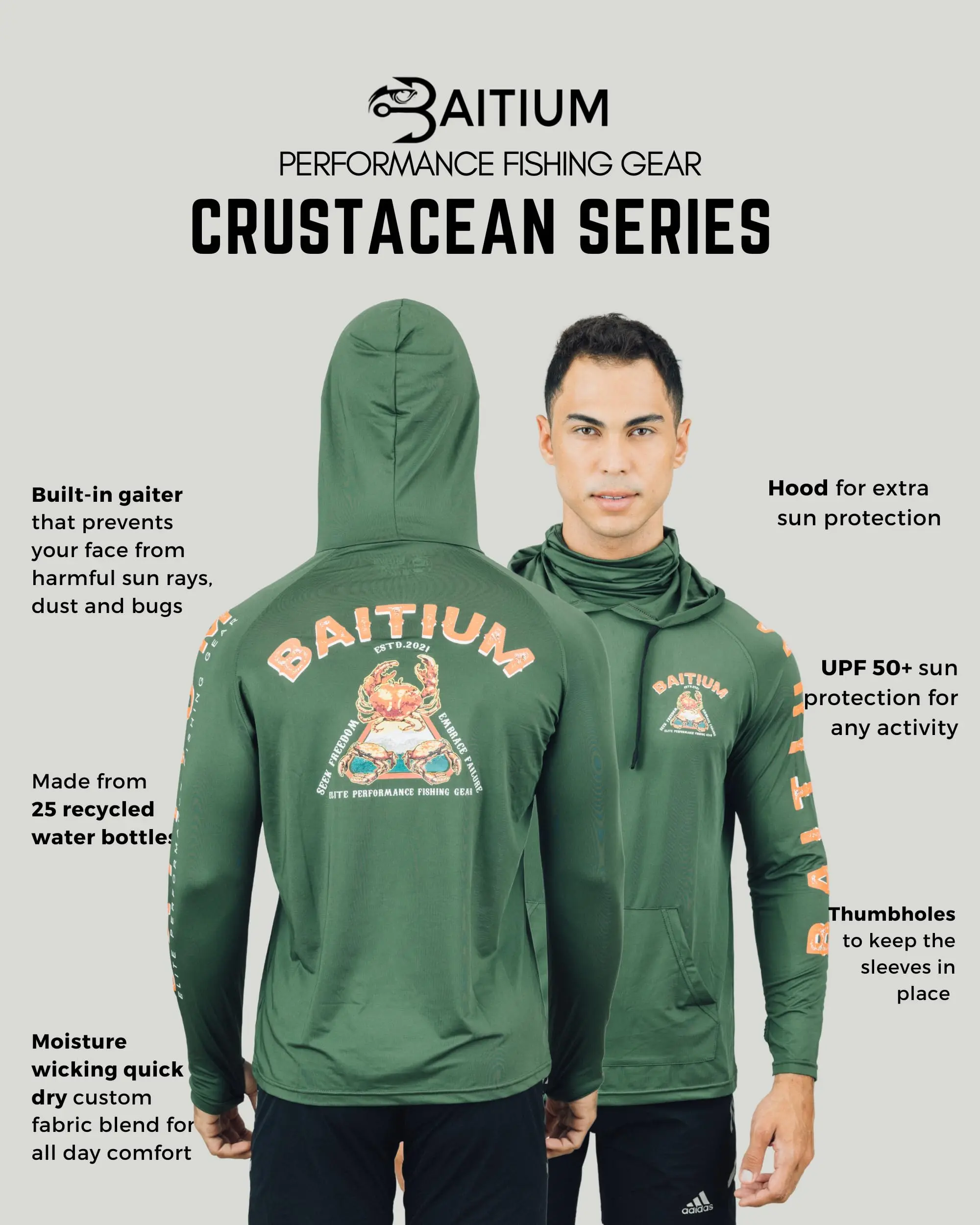 Baitium Fishing and Construction Shirts - Hooded UPF 50 Long Sleeve with Gaiter - Lightweight, Breathable, Moisture-Wicking, Premium Outdoor Wear for Men