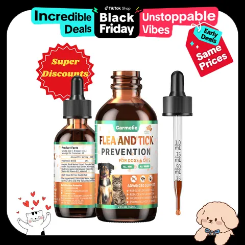 Carmelie Natural Oral Liquid Flea & Tick Protection Drops for Dogs & Cats - Plant-Based, Black Walnut, Wormwood, Pumpkin Seed, Oregano, Multivitamins, Bacon Flavor Supplement - Bacon Encourages Happy Dosing, Add to Food/Water, Skin Care, All Breeds & Ages