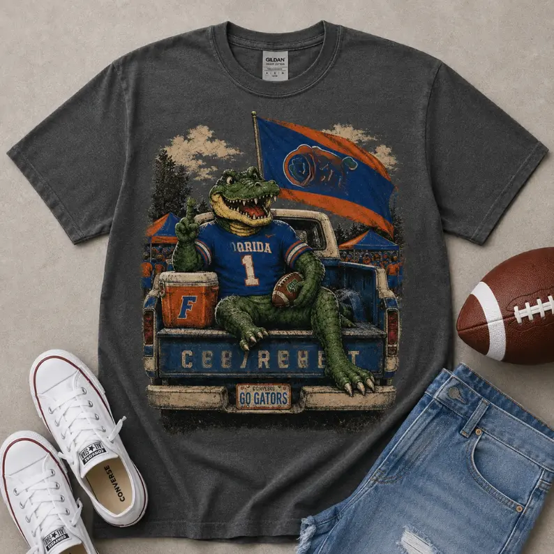 Men's Relaxed Cotton Florida College Football Player T-Shirt - Cold Wash, Fierce Retro Comic Art, Dual Print, Sports Apparel