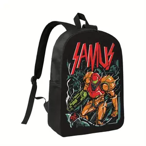 Minimalist Backpack - Bold SAMUS Graphic, Black with Red/Purple Accents, Heavy-Duty High Quality Polyester School Bag, Foldable Laptop Backpack for College, Travel, Gaming - Adjustable Shoulder Straps & Zipper Closure
