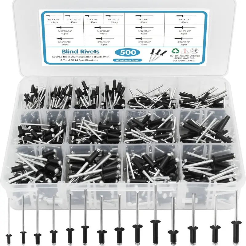 500-piece black rivet popular rivet combination set, Heavy Duty Fastening, 14 SAE size aluminum rivets (3/32" 1/8" 5/32" 3/16"), various blind rivets with separators and labeled box for convenient storage
