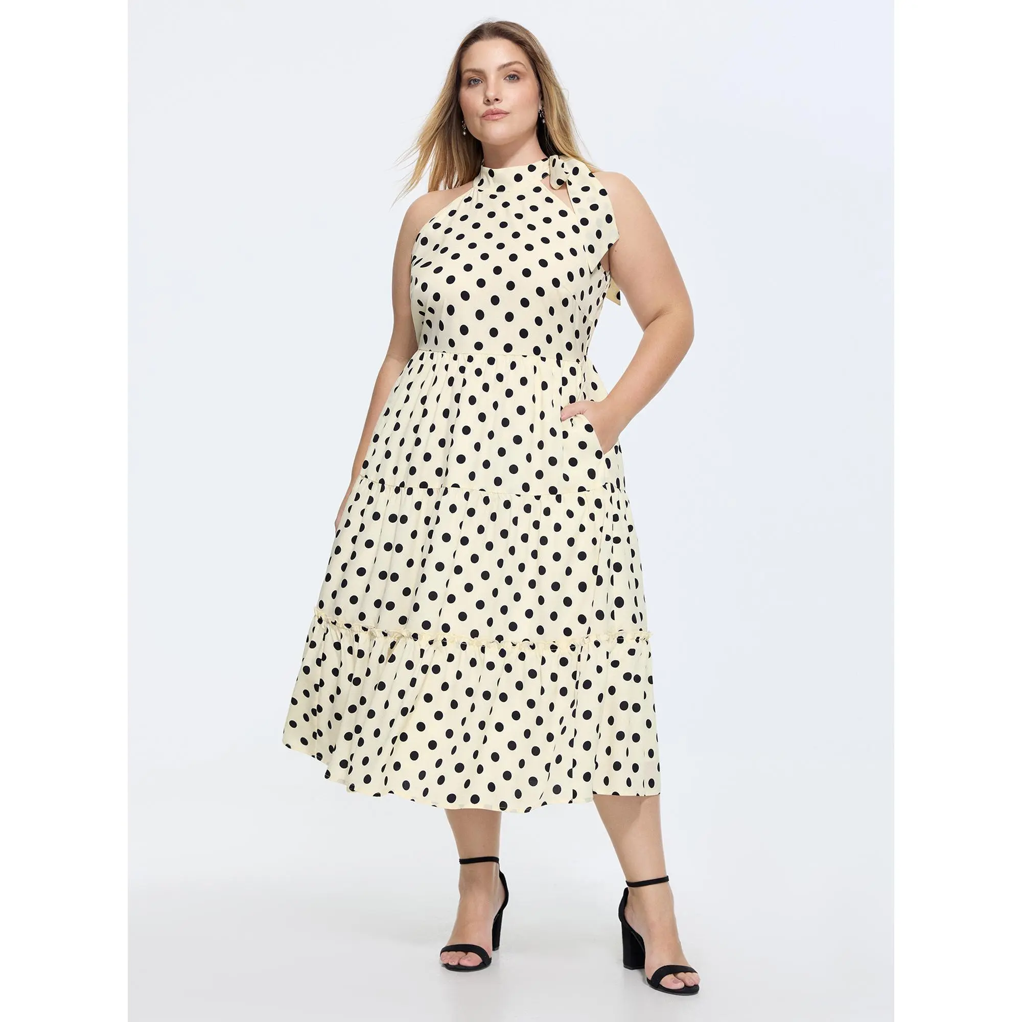 Sleeveless Smocked Ivory Dress Casual in Polyester with Pull-On Closure and Side Pocket for Women, Fabric, Casual Wear, Polka Dot Style, Regular Length, Smooth, Ready To Wear, Cold Wash, Alternative Fashion Casual Dresses