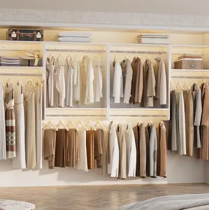 36”-60” Closet System 5FT Walk in Closet Organizer Starter Kits with 3 Hanging Rods 3 Shelves Heavy Duty Reversible Wood Clothing Rack Cut to Fit Max Load 800 LBS Freestanding Closet with Drawers and Rod