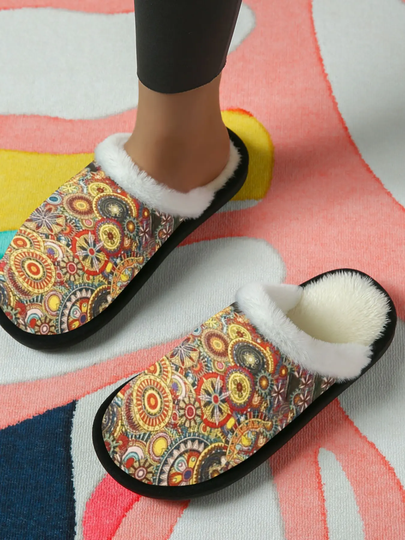 Ethnic Style Geometric Pattern Cotton Slippers, Vintage Exotic Wind, Fuzzy Lined Anti-Slip Thick Sole, Home Use Men Women Fall Winter Warm Shoes