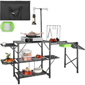 VEVOR Camping Kitchen Table with Sink, Aluminum Folding Portable Outdoor Cook Station, 2 Shelves Carrying Bag for Picnic BBQ Beach TravelingVEVOR Super Brand Day