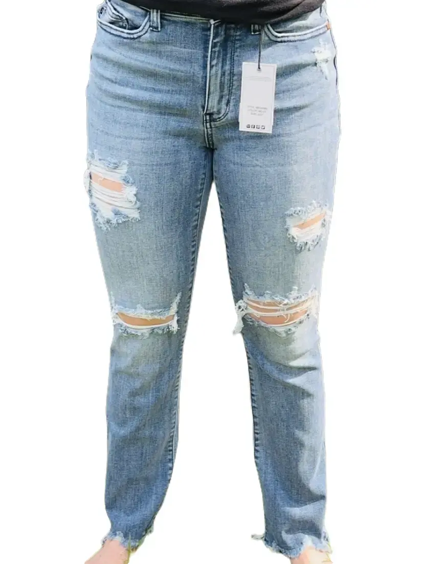 Women's Berkley Judy Blue Destroyed Denim Bottoms, Dressy-Fitted Casual Jeans, Straight