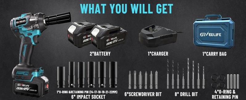 GEVEELIFE 700Nm 3 in 1 Brushless Impact Wrench 1/2" Cordless 3300RPM, 2×4.0Ah Batteries, 6 Sockets Car DIY Furniture Lawn Mower Blue Toolbox